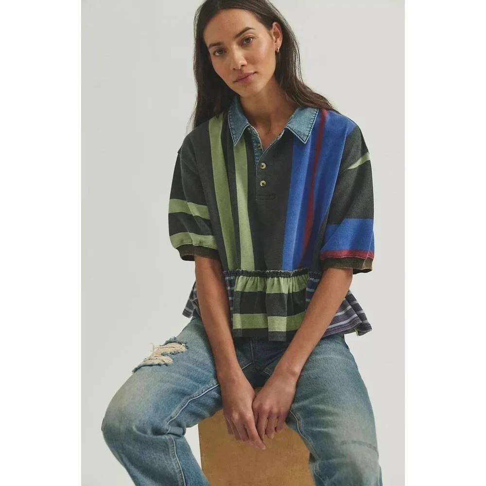 Free People Harbor Stripe Blouse Top Short Sleeves Print Ruffle Cotton S 290010